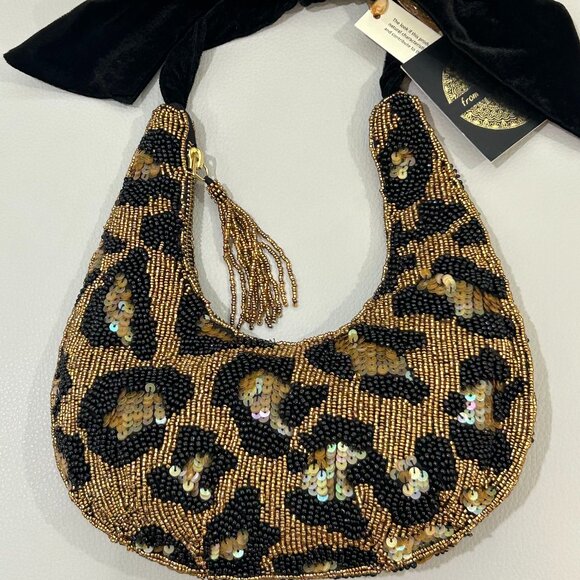 Handmade India Tik Tok Viral Beaded Sequin Leopard Handbag Velvet Bow Handle NWT - Picture 3 of 5
